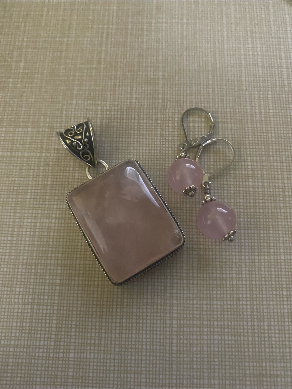 Rose Quartz Pendant and Bead Drop Earring Set - Pink